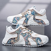 cheap Men&#039;s Sneakers-Men&#039;s White Athletic Sneakers with Tribal Print and Mesh Upper – Lightweight Running Shoes for Sports and Casual Wear