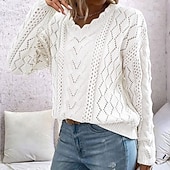 billige Grafiske mønstre og detaljer-Dame Genser Pullover genser Fritid Geometrisk Heklet V-hals V-hals Langermet Vanlige topper Strikke utendørs Daglig Helg Hvit Kakifarget Høst Vinter
