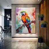 abordables Pinturas de animales-Pintura de loro con espátula grande, pintura al óleo de animales con textura abstracta hecha a mano de gran tamaño, arte de pared, hermosa pintura de pájaros, decoración de pared de sala de estar,