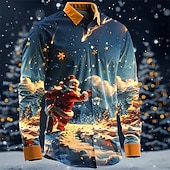 billiga Julscen outfit-Jul Herr jultomten Skjorta Knapp upp skjorta Långärmad Artistisk Ledigt Festkvällskläder Dagligen Höst Vinter Vår &amp; sommar Tröjkrage Knappen uppåt 3D-utskrift Blå Bläck blå Mörkblå