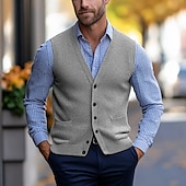 preiswerte Herren Strickjacke-Herren Pullunder Strickjacke Kurz gestrickt Stricken Standard Tasche Feste Farbe V Ausschnitt Elegant Vintage Heim Arbeit Bekleidung Frühling Herbst Dunkelmarine Braun M L XL