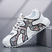 cheap Men&#039;s Sneakers-Men&#039;s White Athletic Sneakers with Tribal Print and Mesh Upper – Lightweight Running Shoes for Sports and Casual Wear