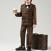 billiga Pojkes formella kostym-4 delar Ringbärarkostym Pojkar Barn Kostym Formell kostym Kostym och blazer Formellt set Formell Fest Mode Häftig Rutig Ficka Svart Kaffe Polyester