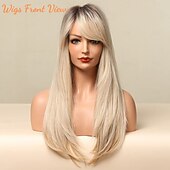 economico Parrucche trendy sintetiche-parrucca bionda lunga con frangia - parrucche bionde con radice scura ombré per donne bianche, capelli sintetici lisci e ondulati resistenti al calore, parrucche naturali carine per