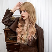 cheap Synthetic Trendy Wigs-Synthetic Wig Curly Wavy Neat Bang With Bangs Machine Made Wig 26 inch Gold Pink Synthetic Hair Women&#039;s Cute Cosplay Party Blonde