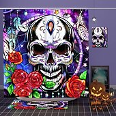 baratos Cortinas de Banho-cortina de chuveiro de halloween com ganchos para banheiro cortina de chuveiro de caveira conjunto de decoração de banheiro poliéster à prova d&#039;água pacote com 12 ganchos de plástico cabeças de