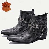 cheap Premium Leather Boots-Men&#039;s Black Premium Cowhide Leather Motorcycle Boots with Western Style, Metal Studded Strap, and Chain Accent – Perfect for Biker and Cowboy-Inspired Fashion