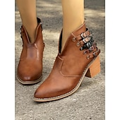 tanie Buty do kostki-brązowe botki damskie z detalami w postaci wielu klamer, obcasem w kształcie słupka i stylem western - idealne na niezobowiązujące wyjścia i na co dzień