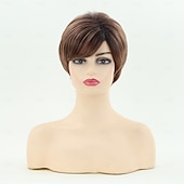 economico parrucca più vecchia-parrucche pixie ricci marroni per donne bianche capelli bianchi corti e soffici con frangia parrucca sintetica naturale resistente al calore