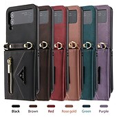 お買い得  サムスン用ケース-電話 ケース 用途 Zフリップ6 Z Flip 5 Z Flip 4 Z Flip 3 バックカバー スタンド付き ジッパ－ ストラップ付き レトロ風 TPU PUレザー