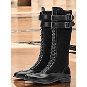 baratos anos 1930-botas femininas de camurça sintética bordô e couro sintético preto com cadarço na altura do joelho – design de inspiração vintage com tiras de fivela dupla, perfeitas para uso casual e formal
