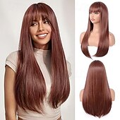 economico Parrucche trendy sintetiche-parrucca con frangia per donna parrucca lunga e liscia parrucca sintetica resistente al calore per ragazze uso quotidiano parrucca per feste di halloween cosplay