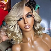 baratos Perucas de seda frontais de cabelo natural-Cabelo virgem não processado 13x4 Lace Front Peruca Bob curto Cabelo Brasileiro Ondulado Multi Cores Peruca 130% 150% Densidade do Cabelo com o cabelo do bebê Cabelo Ombre Para Feminino Longo Perucas