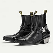 tanie Buty motocyklowe-męskie czarne skórzane buty motocyklowe ze sztucznym futerkiem z haftem płomienistym i metalową klamrą – botki w stylu western dla motocyklistów, którzy cenią sobie modę i swobodny styl