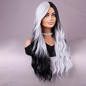 economico Parrucche da festa-lunga parrucca doppia nera e bianca una parrucca bianca con capelli sintetici resistenti al calore nella parte centrale di una parrucca da festa cosplay