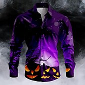 お買い得  ハロウィンシャツ-Halloween カボチャ コウモリ カジュアル ビジネスカジュアル 男性用 ボタンアップシャツ 長袖 パーティー カジュアル 秋 冬 春夏 シャツカラー ボタンアップ 3Dプリント 薄手 パープル ポリエステル