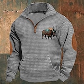 levne Základní mikiny_-Pánské Waffle mikina Mikina Čtvrtletní mikina na zip Černá Námořnická modř Khaki Tmavě šedá Šedá Poloviční zip Grafika Kráva Tisk Slátanina Přední kapsa Čtvrtletní zip Denní Dovolená Jdeme ven Šik
