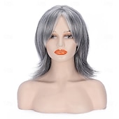 abordables peluca vieja-Peluca en capas de color gris plateado con flequillo de cortina para mujer, peluca sintética de color gris claro con mechas ombré, peluca bob con corte pixie corto, peluca ondulada en capas para mujer