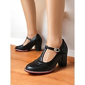 halpa 1950-luku-naisten vintage-ruskeat t-ranneke Mary jane -pumput, joissa on brogue-yksityiskohtia – paksut korkokengät toimistoon, retromuotiin ja arkipäivään