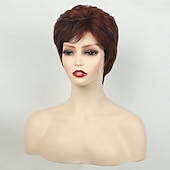 cheap Older Wigs-Red Brown Curly Pixie Wigs for White Women Short Fluffy White Hair with Bangs Natural Synthetic Heat Resistant Wig