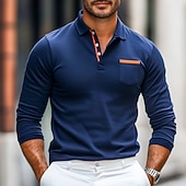 Men's Polo Shirt Golf Polo Street Business Turndown Ribbed Polo Collar Long Sleeve Fashion Basic Solid Color Patchwork Pocket Fall Winter Cross-Seasons Regular Fit Army Green Black Navy Blue Grey 9