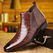 baratos Botas do Chelsea-Botas chelsea masculinas pretas com padrão de crocodilo em couro sintético - elegantes botas de cano curto sem cadarço para uso formal e profissional