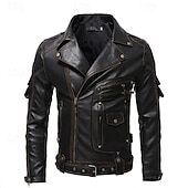 preiswerte Kunstlederjacke-Herren Kunstlederjacke Bikerjacke Vintage Lederjacke Straße Motorrad Thermowarm Tasche Frühling &amp; Herbst Einfarbig Streetwear Lässig Umlegekragen Regulär Kunstleder Schwarz Braun Jacken