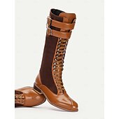 baratos anos 1930-botas femininas de camurça sintética bordô e couro sintético preto com cadarço na altura do joelho – design de inspiração vintage com tiras de fivela dupla, perfeitas para uso casual e formal