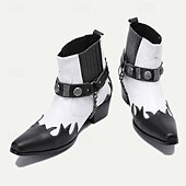cheap Premium Leather Boots-Men&#039;s Premium Cowhide Black and White Motorcycle Boots with Studded Strap, Chain Detail, and Western Style – Perfect for Riding and Casual Wear