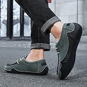 cheap Men&#039;s Slip-ons &amp; Loafers-Men&#039;s Green Casual Faux Leather Loafers with Brown Accents and Hand-Stitched Detailing – Lightweight Slip-On Moccasin Shoes for Outdoor and Everyday Wear