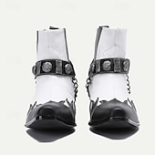 cheap Premium Leather Boots-Men&#039;s Premium Cowhide Black and White Motorcycle Boots with Studded Strap, Chain Detail, and Western Style – Perfect for Riding and Casual Wear