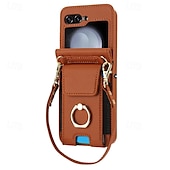 cheap Samsung Cases-Phone Case For Samsung Galaxy Z Flip 7 Z Flip 6 Z Flip 5 Z Flip 4 Z Flip 3 Back Cover Ring Holder with Lanyard with Wrist Strap Retro TPU PU Leather