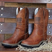 billiga Cowboy &amp; Western Boots-cowboyarbetsstövlar med präglade amerikansk flagga för män - slitstarka bruna västernstövlar i konstläder med robust sula för utomhus- och fritidskläder