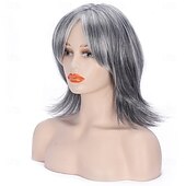 abordables peluca vieja-Peluca en capas de color gris plateado con flequillo de cortina para mujer, peluca sintética de color gris claro con mechas ombré, peluca bob con corte pixie corto, peluca ondulada en capas para mujer