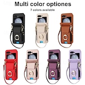 cheap Samsung Cases-Phone Case For Samsung Galaxy Z Flip 7 Z Flip 6 Z Flip 5 Z Flip 4 Z Flip 3 Back Cover Ring Holder with Lanyard with Wrist Strap Retro TPU PU Leather