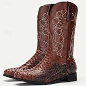 levne Cowboy &amp; Western Boots-pánské hnědé westernové kovbojské boty se vzorem hadí kůže a vyšívaným dříkem – boty z umělé kůže ve vintage stylu pro rodeo a běžné nošení