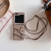 cheap Samsung Cases-Phone Case For Z Flip 5 Z Flip 4 Z Flip 3 Back Cover with Stand Holder Zipper with Lanyard Retro TPU PU Leather