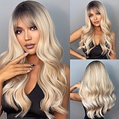 economico Parrucche trendy sintetiche-parrucche lunghe con radici scure, parrucca sintetica ondulata e sciolta con frangia per le donne, per feste quotidiane e cosplay