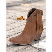 abordables Cowboy y botas occidentales-Botines estilo western con flecos negros y detalles tachonados para mujer: botines de vaquera de estilo vintage para uso informal y festivo