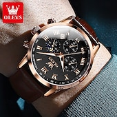 abordables Montres à quartz-Montre en Quartz pour Hommes OLEVS Montre de Mode Décontractée avec Phase de Lune Calendrier Lumineux Chronographe Montre en Cuir