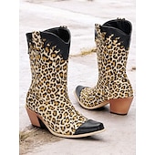levne Cowboy &amp; Western Boots-dámské westernové kovbojské boty s leopardím vzorem s černými akcenty z umělé kůže – špičatá špička a blokový podpatek, ideální pro odvážné módní výrazy a běžné nošení