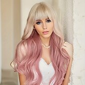 economico Parrucche trendy sintetiche-parrucca bionda/rosa lunga ed ondulata chic con frangia per donna - perfetta per il cosplay &amp;parti in fibra sintetica