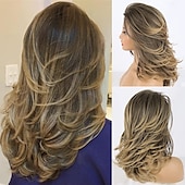 baratos Perucas Sintéticas sem Touca-perucas longas em camadas para mulheres peruca de cabelo cortado em camadas para meninas penteados longos com camadas peruca de substituição de cabelo sintético de fibra macia e resistente ao calor