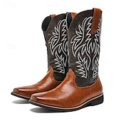 levne Cowboy &amp; Western Boots-pánské dvoubarevné westernové kovbojské boty – vintage styl s vyšívanou stopkou, hnědá a černá umělá kůže, ideální pro rodeo nebo běžné nošení