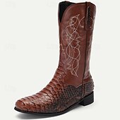levne Cowboy &amp; Western Boots-pánské hnědé westernové kovbojské boty se vzorem hadí kůže a vyšívaným dříkem – boty z umělé kůže ve vintage stylu pro rodeo a běžné nošení