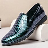 cheap Semi-Formal-Men&#039;s Snakeskin Print Loafers – Stylish Green and Black Glossy Slip-On Shoes with Modern Design, Perfect for Formal and Semi-Formal Occasions