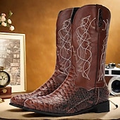 levne Cowboy &amp; Western Boots-pánské hnědé westernové kovbojské boty se vzorem hadí kůže a vyšívaným dříkem – boty z umělé kůže ve vintage stylu pro rodeo a běžné nošení