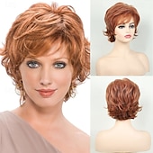 economico parrucca più vecchia-parrucche corte arancioni per donne bianche, parrucca marrone con frangia, parrucche corte e ricce pixie cut, affascinanti parrucche sintetiche senza colla a strati ondulate per vecchie signore