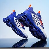 cheap Men's Running Shoes-Men's Blue Athletic Sneakers with Unique Hollow Sole Design, Breathable Knit Upper, and Flame Detail – Lightweight Running Shoes with Orange Accents