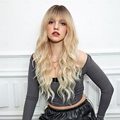 abordables Perruques Synthétiques Sans Bonnet-Perruque Synthétique Bouclé Ondulé Coupe Droite Avec Frange Fabriqué à la machine Perruque 26 pouces Blond clair Cheveux Synthétiques Femme Mignon Cosplay Soirée Blond
